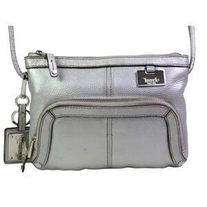 Tignanello SILVER GENUINE LEATHER ORGANIZER X-BODY SHOULDER BAG HANDBAG PURSE